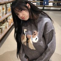 秋冬小狗提花毛衣高级圆领宽松慵懒休闲针织衫上衣天内