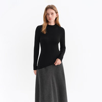范思蓝恩 斜下摆高领羊毛打底衫女2025秋时尚保暖针织上衣4050 经典黑 XS
