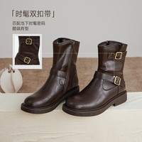 PLUS会员：百思图 冬潮酷加绒保暖粗跟女马丁靴通勤皮短靴棉鞋