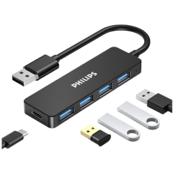 飞利浦 高速拓展4口 USB3.0分线器扩展坞 Type-C供电口