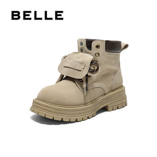 百丽（Belle）复古马丁靴双鞋带大黄靴女25冬厚底休闲工装短靴B2745DD5 杏色 35