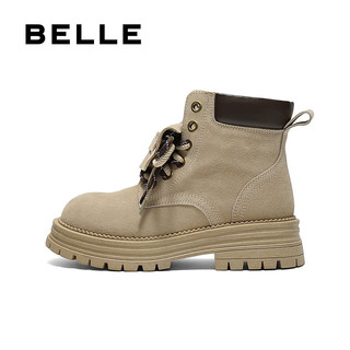 百丽（Belle）复古马丁靴双鞋带大黄靴女25冬厚底休闲工装短靴B2745DD5 杏色 35