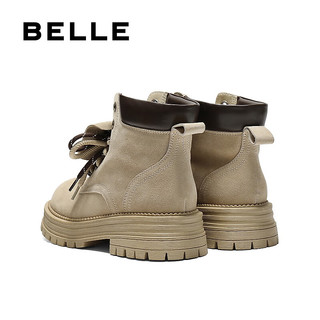 百丽（Belle）复古马丁靴双鞋带大黄靴女25冬厚底休闲工装短靴B2745DD5 杏色 35