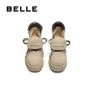 百丽（Belle）复古马丁靴双鞋带大黄靴女25冬厚底休闲工装短靴B2745DD5 杏色 35