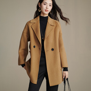 晚白2025年冬气质老钱静奢风小个子双面呢短款羊毛大衣外套女 卡其色 XL