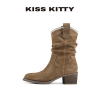 移动端、88VIP：KISSKITTY旷野漫旅 棕色堆堆靴秋冬新款美拉德靴子西部牛仔女靴