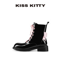 移动端、88VIP：KISSKITTY拼色蝴蝶结马丁靴2025冬季新款英伦风复古亮面短靴女