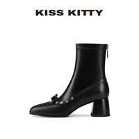 移动端、88VIP：KISSKITTY切尔西靴百搭蝴蝶结弹力靴女时装瘦瘦靴粗跟圆头烟筒靴
