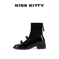 移动端、88VIP：KISSKITTY玛丽珍弹力靴2025秋季新款黑色蝴蝶结瘦瘦靴粗跟短靴子