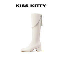 KISSKITTY米白色骑士靴25冬季新款增高长筒靴女珍珠链条瘦瘦靴