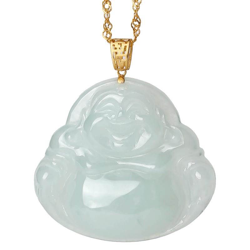 祥祯福珠宝（XIANGZHENFU JEWELRY）翡翠淡绿佛公吊坠18K金镶嵌玉佛女冰糯种大肚笑佛挂坠