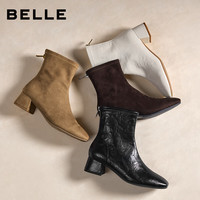 百丽(Belle)画廊假日复古弹力靴女2025冬新气质粗跟增高瘦瘦短靴BBWB1DZ5 米色-单里(皮面) 33