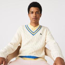 LACOSTE 法国鳄鱼 V领羊毛混纺撞色绞花学院风针织衫男士毛衣