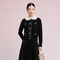 拉珂蒂 修身通勤优雅时尚山羊绒针织衫纯色圆领针织开衫女