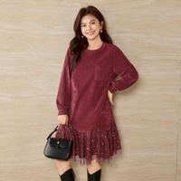 慕姗诗怡 大码女装2025新款冬装亮丝假两件亮片网纱拼接刺绣连衣裙