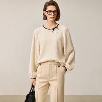 LILY 优雅简约立体蝴蝶结撞色边褶皱肌理感灯笼袖雪纺衫女