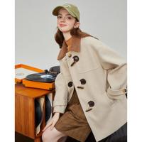 气质中长款女式大衣新牛角扣撞色翻领毛呢外套