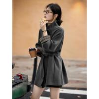 苏醒的乐园 冬季韩版淑女风宽松显瘦系带单排扣呢子中长款外套大衣