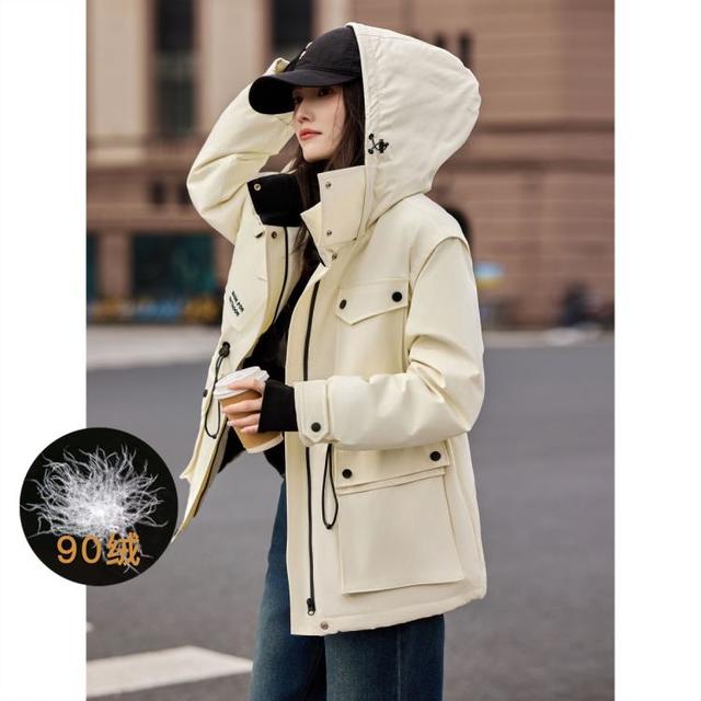 苏醒的乐园 冬季时尚百搭宽松中长款连帽收腰保暖拉链工装外套羽绒服女
