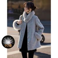 苏醒的乐园 冬季时尚圆领仿毛领毛毛袖中长款呢子单排扣外套毛呢大衣羽绒服女