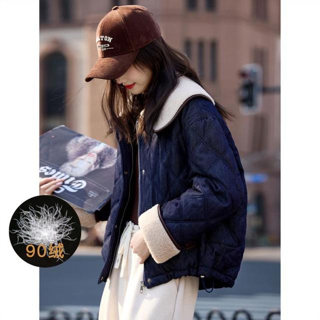 限尺码：苏醒的乐园 时尚宽松简约菱形格仿羊羔毛大翻领小众个性厚外套短款羽绒服女