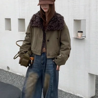 拉夏贝尔毛毛大翻领拼接短外套女冬季高级感加厚保暖夹克上衣
