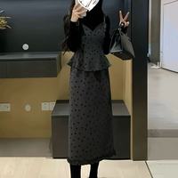 女装法式假两件拼接毛呢吊带连衣裙 2025冬季显瘦长裙