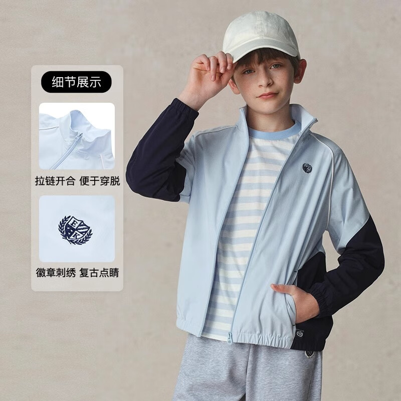 E·LAND KIDS衣恋男童外套学院风徽章刺绣拼色 D/Blue深蓝色 140 圆领 普通外套