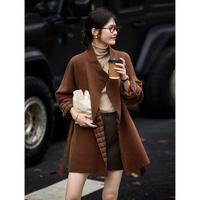 值友专享：苏醒的乐园 冬季韩版淑女风宽松显瘦系带单排扣呢子中长款外套大衣