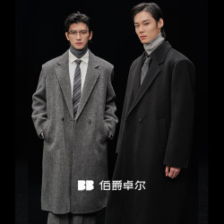 伯爵卓尔 全羊毛大衣100%男士通勤外套男 月夜黑 XL 简约 双排扣 西装领长款