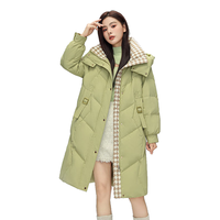 YALU 雅鹿 菱格撞色拼接中长款羽绒服女士冬季2023可拆卸帽加厚外套 绿色 M