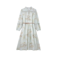 BASIC HOUSE/百家好茶歇碎花连衣裙女2024夏季收腰天丝长裙 绿色 M