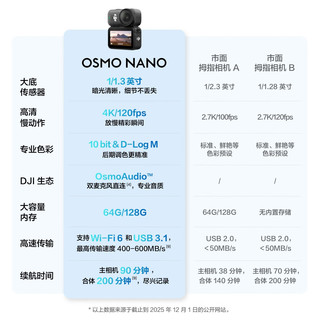 大疆 OSMO Nano 4K防抖运动相机 64GB+第一视角128GB卡+随心换1年