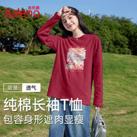 Baleno/班尼路S&K纯棉长袖T恤女吸湿透气简约百搭外穿上衣 车厘子红#油画山峰花 L 棉100% 薄款 休闲风 圆领 纯色 常规款