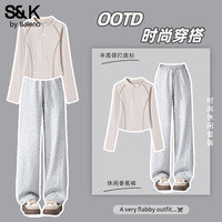 班尼路()S&K系列休闲时尚套装女装半高领打底衫上衣香蕉直筒裤子两件套 浅卡其#纯色+麻灰#纯色 L 涤纶(聚酯纤维)91.4%,氨纶(聚氨酯弹性纤维)8.6%