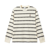 Cabbeen 撞色条纹圆领T恤落肩宽松情侣长袖 漂白色02 2XL /185/54