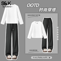 班尼路()S&K系列套装女装秋冬季加绒打底衫休闲潮流香蕉直筒裤两件套 白#纯色+深灰#纯色 L 涤纶(聚酯纤维)91.4%,氨纶(聚氨酯弹性纤维)8.6%