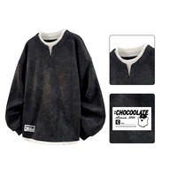 移动端、京东百亿补贴：:CHOCOOLATE it假两件套头卫衣男士秋冬季美式扎染长袖T恤 黑色 M 宽松型 假两件 圆领 涤纶99.1%,氨纶0.9%