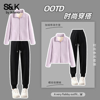 班尼路()S&K系列休闲套装女一整套加绒保暖外套女螺纹收脚直筒裤两件套 浅紫#纯色+黑#纯色 M 涤纶(聚酯纤维)95%,氨纶(聚氨酯弹性纤维)5%