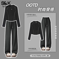 班尼路()S&K系列休闲时尚套装女装半高领打底衫上衣香蕉直筒裤子两件套 黑#纯色+深灰#纯色 L 涤纶(聚酯纤维)91.4%,氨纶(聚氨酯弹性纤维)8.6%