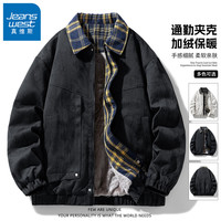 JEANSWEST/真维斯格纹翻领外套男士美式潮牌假两件夹克秋冬季加绒保暖外衣男