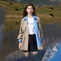 3COLOUR/三彩大码女装翻领风衣中长款外套宽松插肩袖休闲黄咖啡 L 长袖 涤纶75.2%,粘纤19.4%,氨纶5.4% 纽扣 口袋 纯色
