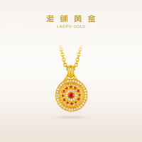 老铺黄金古法手工足金项链 · 玫瑰花窗（1号）宝石吊坠（金链款） 小号锁骨链款金重约7.6g