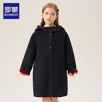罗蒙女童双面羊毛大衣秋冬新款女童呢子外套中大童正反两穿中长款 黑红色 【双面穿】 140