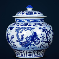 景德镇袁青阁陶瓷器花瓶摆件中式家居装饰品手绘仿古元青花鬼谷子下山罐 鬼谷子坛