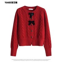 零柒零捌法式气质小香风蝴蝶结红色针织衫2025秋冬麻花毛衣
