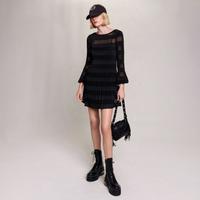 maje 冬季女装黑色两件套百褶连衣裙条纹设计感百搭千金风