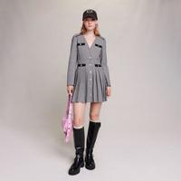 maje 秋冬 女士长袖V领千鸟格百褶连衣裙