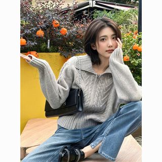 零柒零捌灰色麻花毛衣外套女秋季设计感小众慵懒风针织开衫