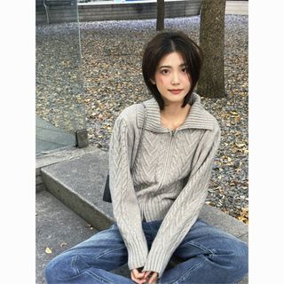 零柒零捌灰色麻花毛衣外套女秋季设计感小众慵懒风针织开衫